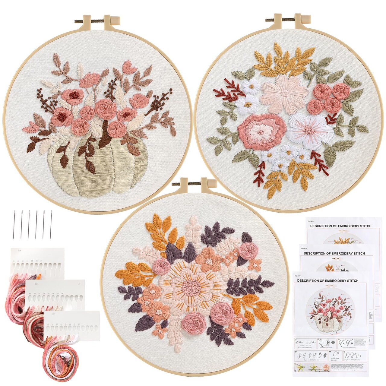Embroidery Kit for Beginners, 3 Sets Stamped Cross Stitch Kits for Beginner, Floral Pattern Embroidery Starter Kits for Adults with Embroidery Hoop Instructions Threads and Needles Scissors
